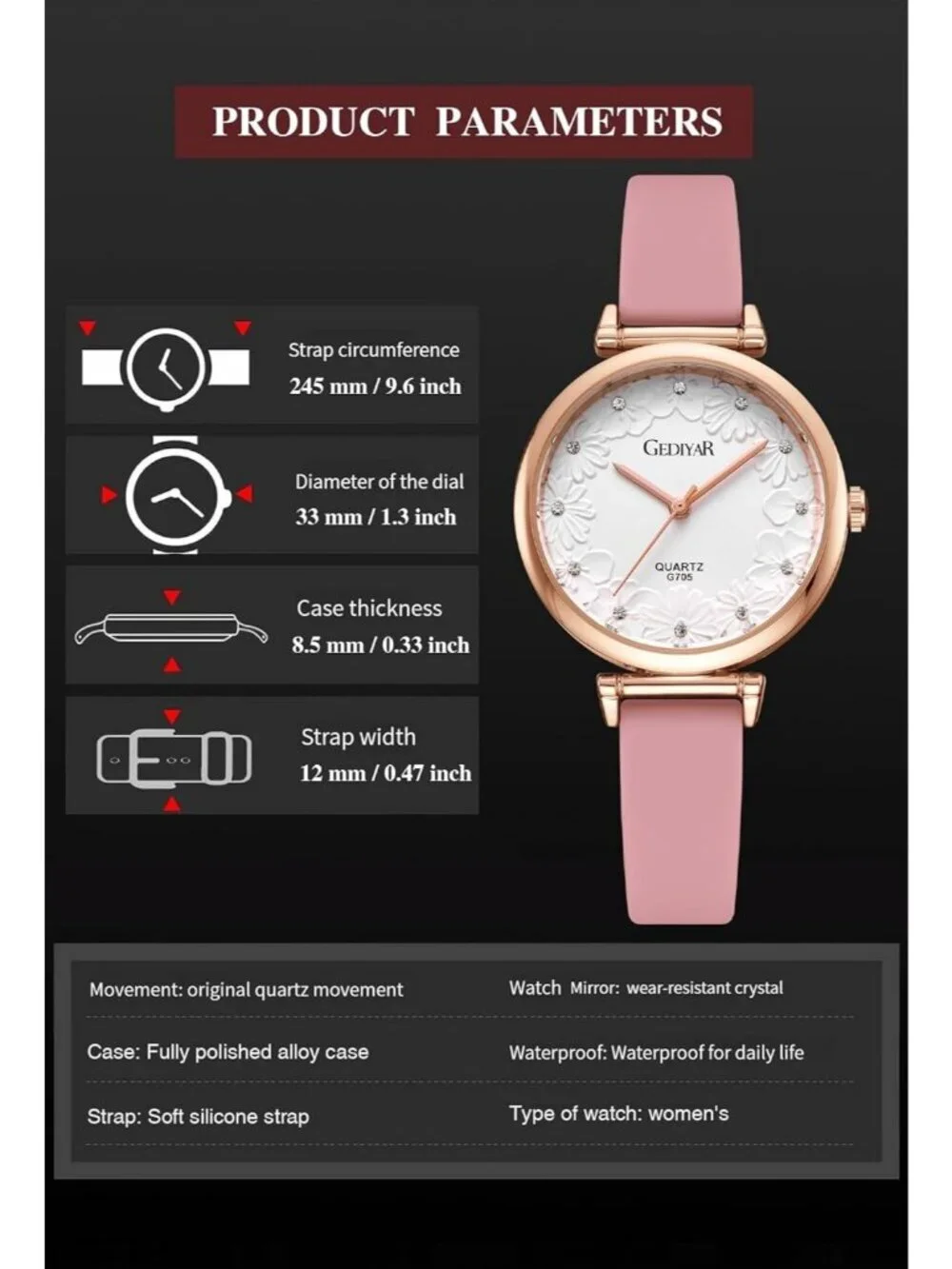 Women's Pink White Quartz Silicone Band Nurses Lady Floral Pattern Crystal Watch
